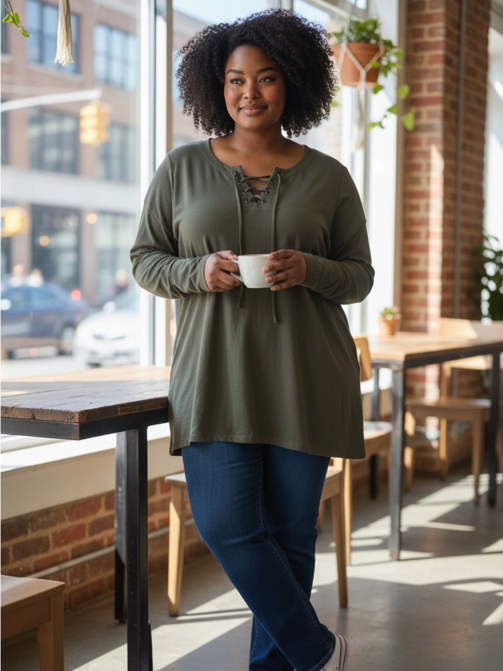 Lands' End Olive 3x Lace-Up Long Sleeve Tunic